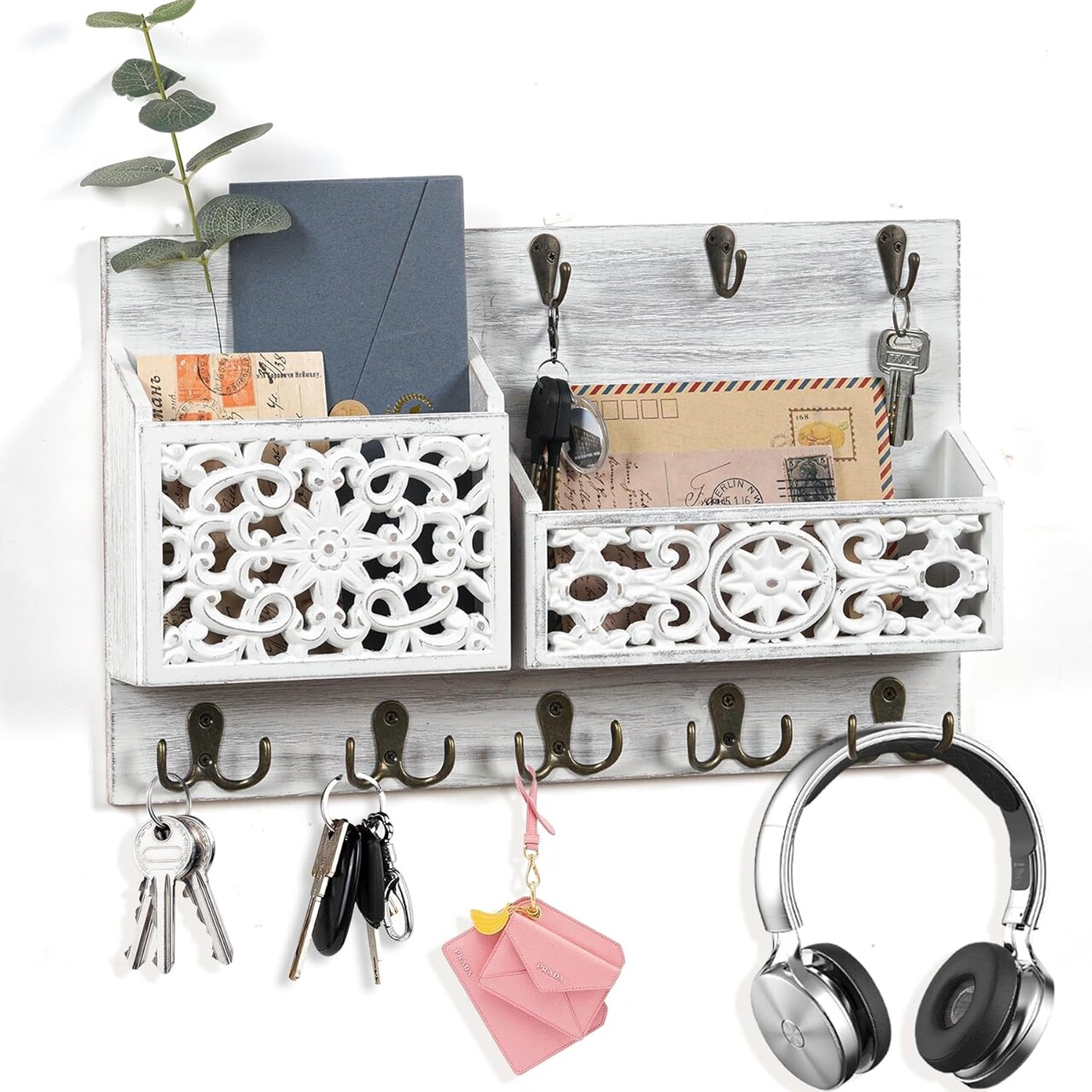 Rustic Key and Mail Holder for Wall, Decorative Wooden Key Holder Organizer with 13 Hooks, Farmhouse Style Key Hanger for Mail, Letters, and Keys - White